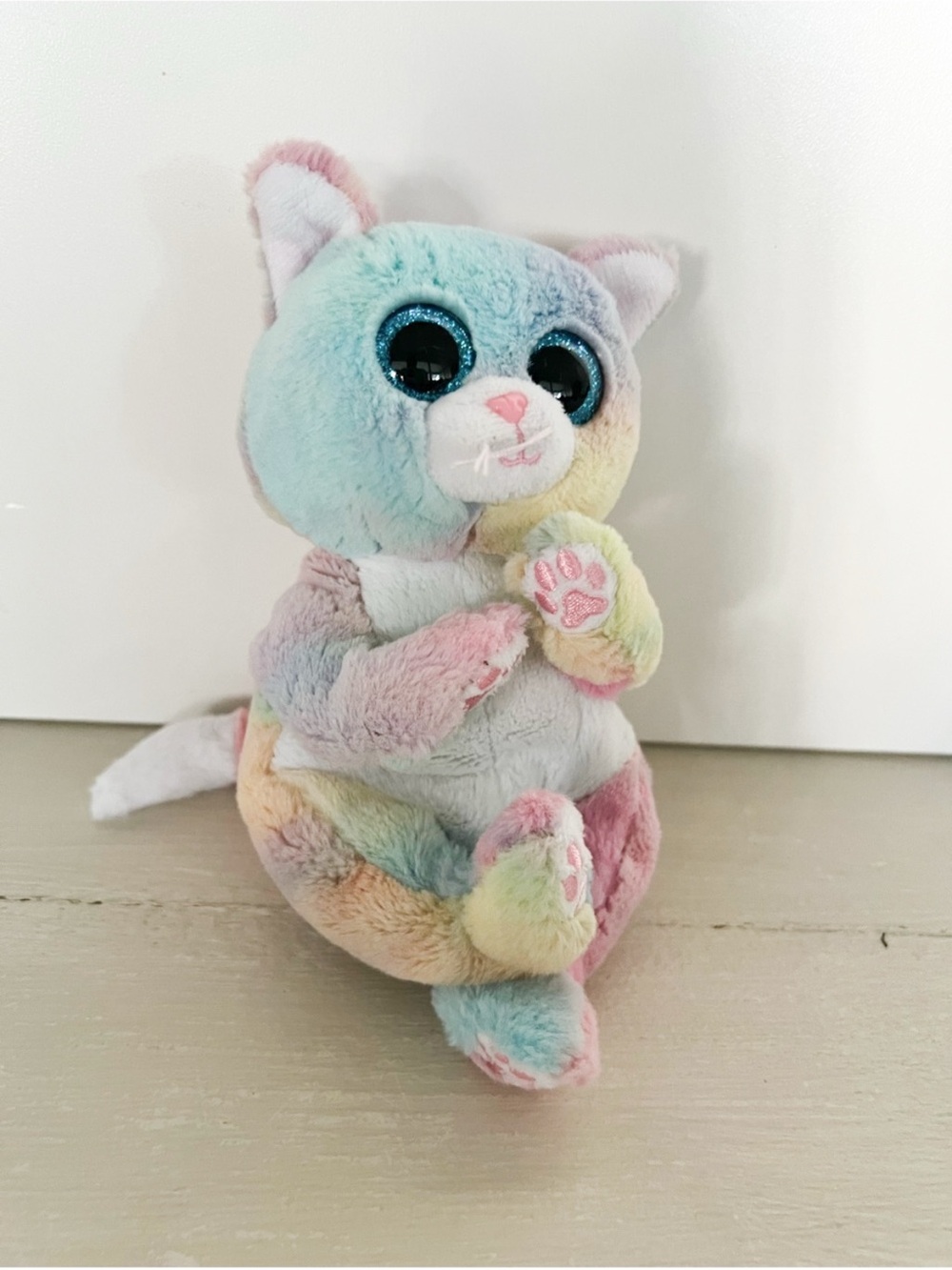 TY Beanie Bellies Jenni Pastel Rainbow Tie Dye Cat Plush 8” Glitter Eyes